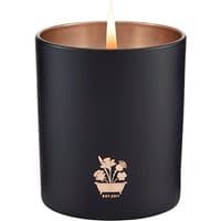 Black Noble Isle candle with gold floral emblem, lit wick, and copper interior.