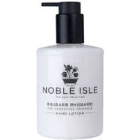 White Noble Isle Rhubarb Rhubarb! hand lotion bottle with black pump and floral logo.