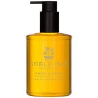 Amber bottle of Noble Isle Whisky & Water Bath & Shower Gel with black pump dispenser, 250 ml.