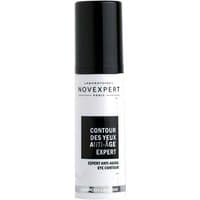 White and black Novexpert anti-aging eye cream bottle, 15 ml, with sleek design and bold text label.