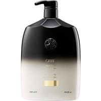 Black and gold gradient Oribe shampoo bottle with pump dispenser, 1000 ml, embossed logo on top.