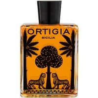 Amber Ortigia Ambra Nera bath oil in a rectangular bottle with black cap, palm tree and leopard design.
