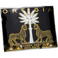Ortigia Ambra Nera Bath Salts Sachet, black with gold leopards and palm tree design, 75g.