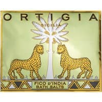 Ortigia Fico d'India Bath Salts Sachet, 75g, green packaging with leopard and palm tree design.