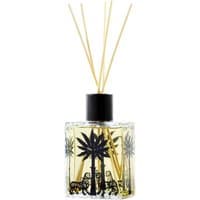 Ortigia Florio diffuser with palm design, black cap, and reed sticks in a clear 100 ml bottle.