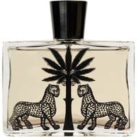 Clear glass Ortigia Florio perfume bottle, 100 ml, with black palm tree and leopard design, black cap.