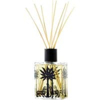 Ortigia Melograno diffuser, 200 ml, clear bottle with black palm tree design, wooden reeds, black cap.