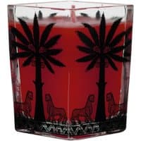 Ortigia Melograno square candle, red wax in clear glass with black palm tree and animal design, 170 g.