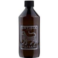 Brown Ortigia Sandalo Diffuser refill bottle with black cap and white leopard design, 500 ml capacity.