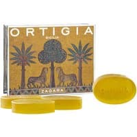 Ortigia Zagara glycerine soap kit, four small oval amber soaps with decorative box featuring palm trees and leopards.