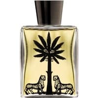 Clear glass bottle with black palm tree and leopard design, containing golden Zagara Perfume Body Oil, black cap.