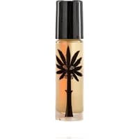 Clear glass roll-on bottle with black cap, featuring a black palm tree design, containing citrus perfume oil.