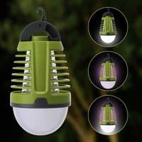 Green Avilo outdoor rechargeable mosquito killer with hanging hook, LED light, and protective grid design.