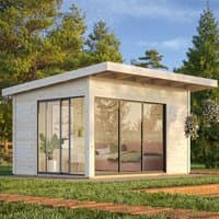 Contemporary log cabin with sliding doors, double glazed windows, flat roof, light wood finish, surrounded by greenery.