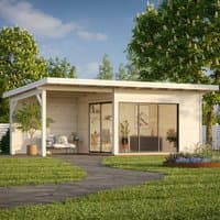 Contemporary log cabin with gazebo, sliding doors, double glazing, flat roof, light wood finish, surrounded by greenery.