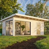 Contemporary log cabin with sliding glass doors, flat roof, and light wood finish, surrounded by grass and trees.