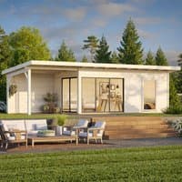 Contemporary log cabin with white wood, sliding glass doors, attached gazebo, and flat roof in a garden setting.