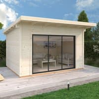 Pent log cabin with double glazed sliding doors, light wood finish, flat roof, and spacious interior.