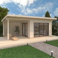 Palmako log cabin with gazebo, sliding double glazed doors, flat roof, light wood finish, 4m x 3m dimensions.