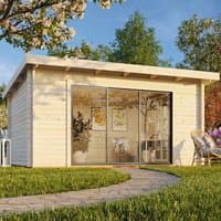 Palmako log cabin garden office with sliding double-glazed doors, flat roof, and light wood finish, set in a garden.