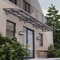 Grey clear door canopy with arched design, metal frame, and transparent panels over a modern exterior doorway.