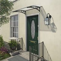 Grey twinwall door canopy with curved design, mounted above a green door, featuring black brackets and a clear cover.