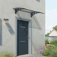 Grey twinwall door canopy with curved design and black brackets mounted above a modern exterior door.