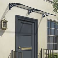 Grey twinwall door canopy with curved design and black brackets above a dark door.