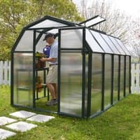Green Palram Canopia Rion EcoGrow 6x10 greenhouse with resin frame, clear panels, and a peaked roof in a garden setting.