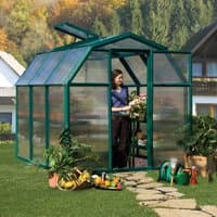 Green Palram Canopia Rion EcoGrow 6x6 greenhouse with resin frame, clear panels, and a vented roof.