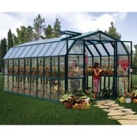 Green Palram Canopia Rion Grand Gardner 8x20 greenhouse with clear panels, green frame, and peaked roof in a garden setting.