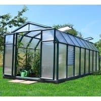 Green Palram Canopia Rion Hobby Gardner 8x16 greenhouse with clear panels and dark green frame on grass.