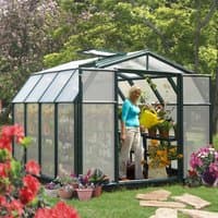 Green Palram Canopia Rion Hobby Gardner 8x8 greenhouse with clear panels and green frame in a garden setting.