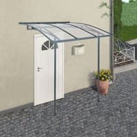 Grey Palram Canopia Vega 2000 door canopy with clear arched roof and metal frame over a white door.