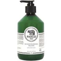 Green bottle of Parco 1923 Gentle Body Wash, 500 ml, with black pump and bear logo on white label.