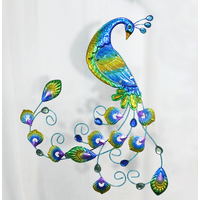 Colorful metal peacock wall decor with vibrant blue, green, and yellow hues, intricate feather details, and swirling tail design.