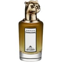 Gold-capped perfume bottle with lion head design, labeled "Penhaligon's The Revenge of Lady Blanche" 75 ml.