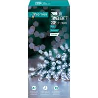 Premier 200 LED white light chain, 20m length, battery-operated, displayed in a blue and white box.