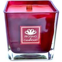 Red glass square candle with wooden wick, "Profumo di Campiglio" label, 750g, woody scent.
