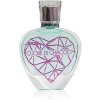 Heart-shaped clear bottle with purple geometric heart design, "Cuore di Ghiaccio" text, silver cap, 100 ml unisex perfume.
