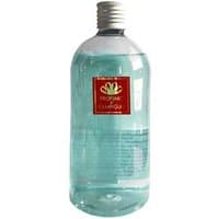 Clear bottle with silver cap, containing blue liquid, red label reading "Profumo di Campiglio - Note di Bosco Diffuser".