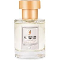 Clear glass bottle of Salentum Fico Salentino Eau de Parfum with gold cap and label, 50 ml unisex citrus fragrance.