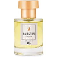 Clear glass bottle of Salentum Gallipoli Eau de Parfum, gold cap, unisex floral scent, 50 ml.