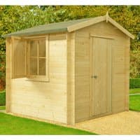 Shire Camelot log cabin shed, 2.1m x 2.1m, natural wood finish, single door, side window, pitched roof.