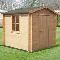 Shire Danbury log cabin shed, natural wood, single window, and door, pitched roof, 2.2m x 2.1m dimensions.
