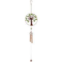 Tree of Life Windchime with metal tree design, green leaf accents, and hanging chimes on a circular frame.