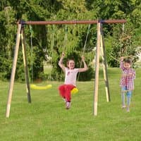 Wooden double garden swing set with yellow seats and rope ladder, supported by sturdy A-frame, in a grassy area.