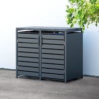 Anthracite metal wheelie bin store with two compartments, slatted doors, and flat roof, fits two 240L bins.