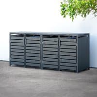 Anthracite metal wheelie bin store with four compartments, horizontal slats, and flat top by Trimetals.