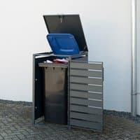 Anthracite metal wheelie bin store with open lid and door, fits 240L bin, slatted design, by Trimetals.